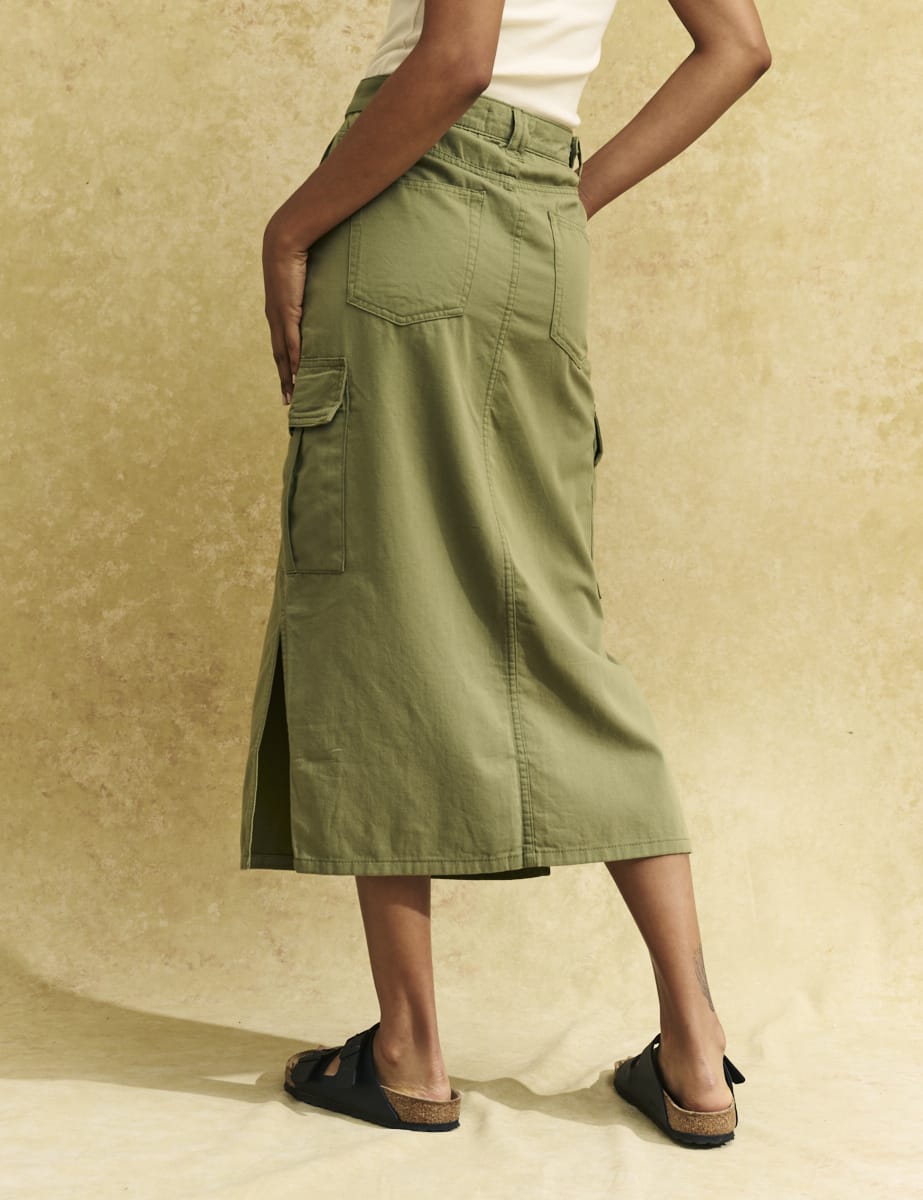 Khaki Green Utility Cargo Midi Skirt