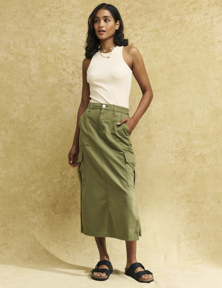 Khaki Green Utility Cargo Midi Skirt