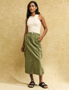 Khaki Green Utility Cargo Midi Skirt