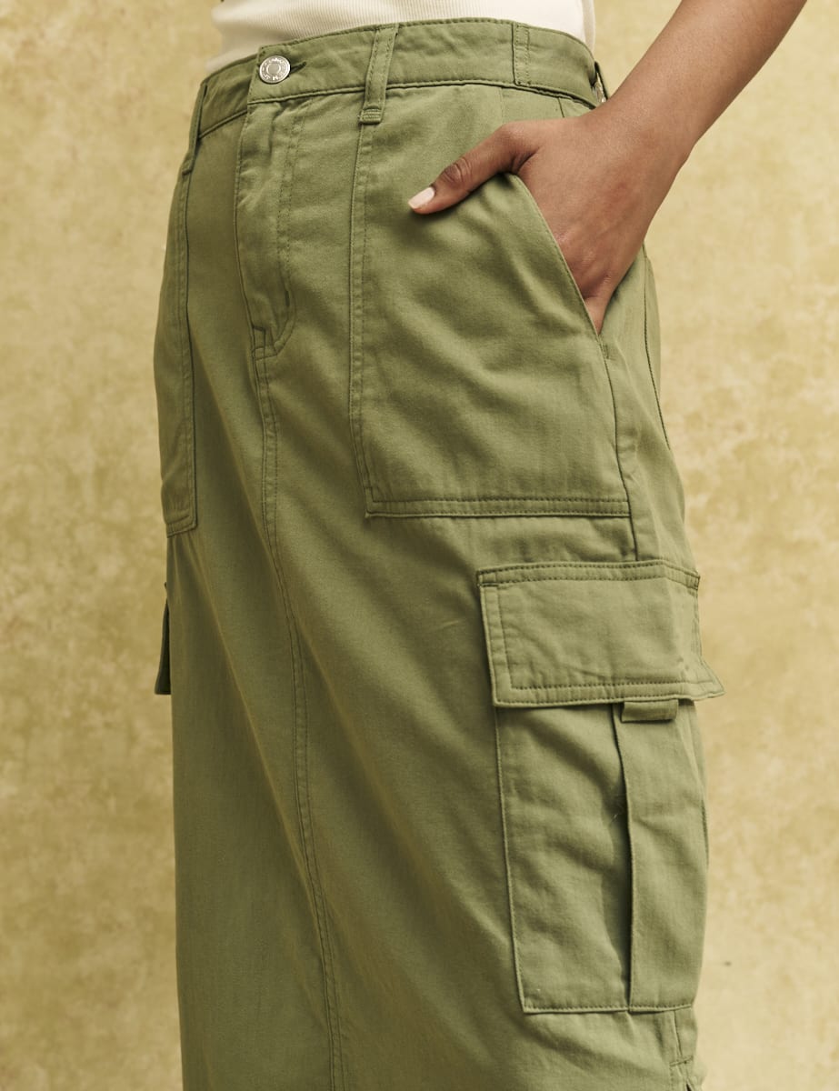 Khaki Green Utility Cargo Midi Skirt