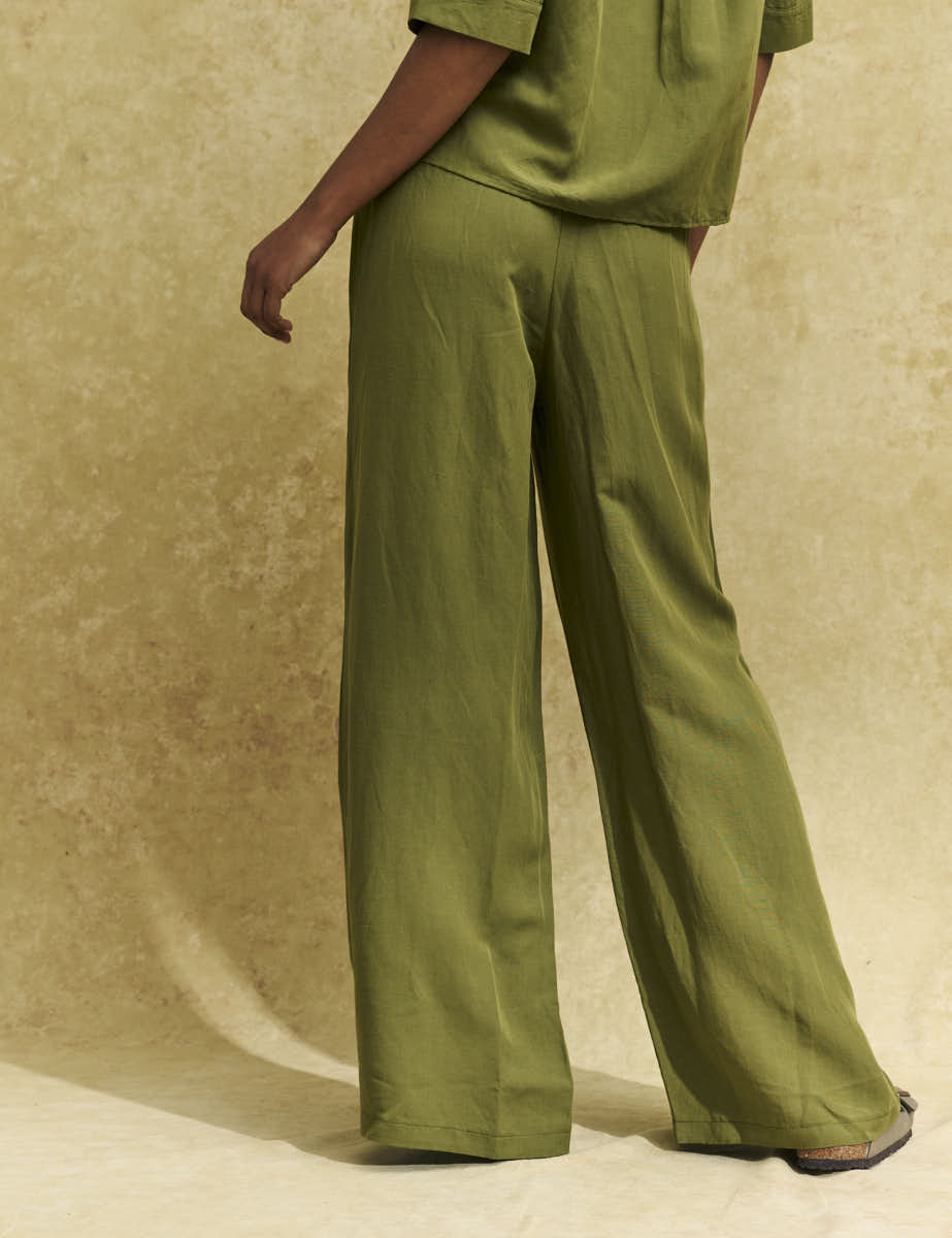 Khaki Linen-blend Drawstring Wide Leg Trousers