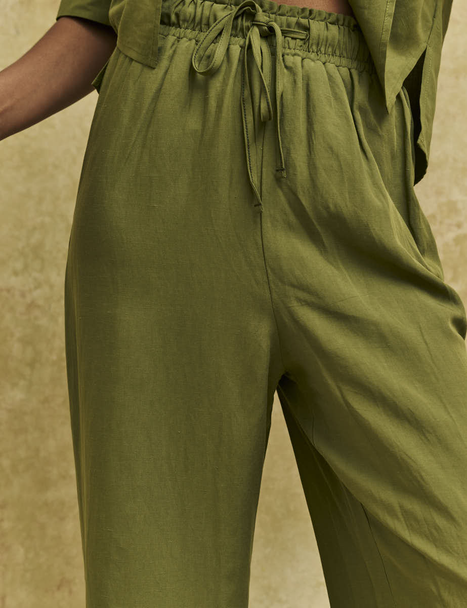 Khaki Linen-blend Drawstring Wide Leg Trousers