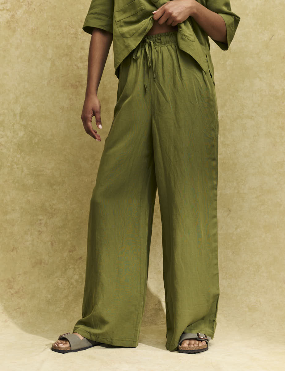 Khaki Linen-blend Drawstring Wide Leg Trousers