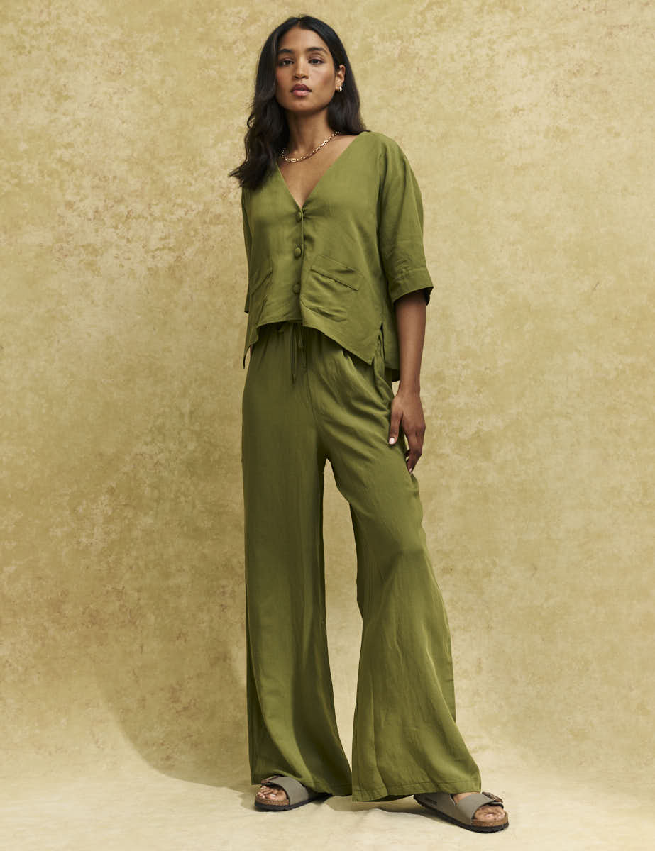 Khaki Linen-blend Drawstring Wide Leg Trousers