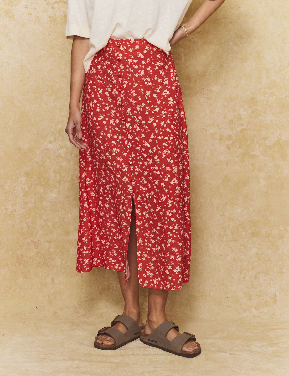 Red Ditsy Floral Sadie Midi Skirt