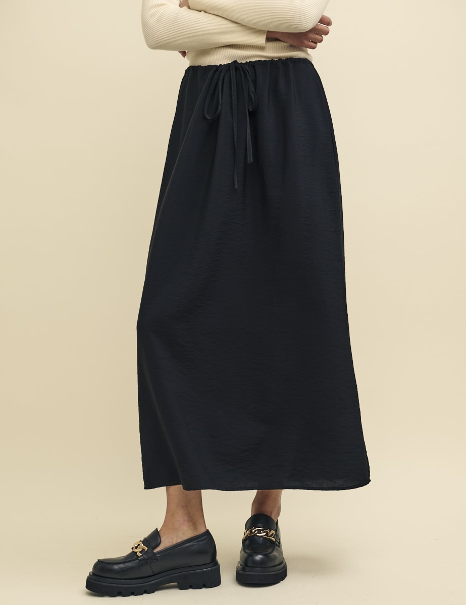 Petite Black Drawstring Waist Midaxi Skirt