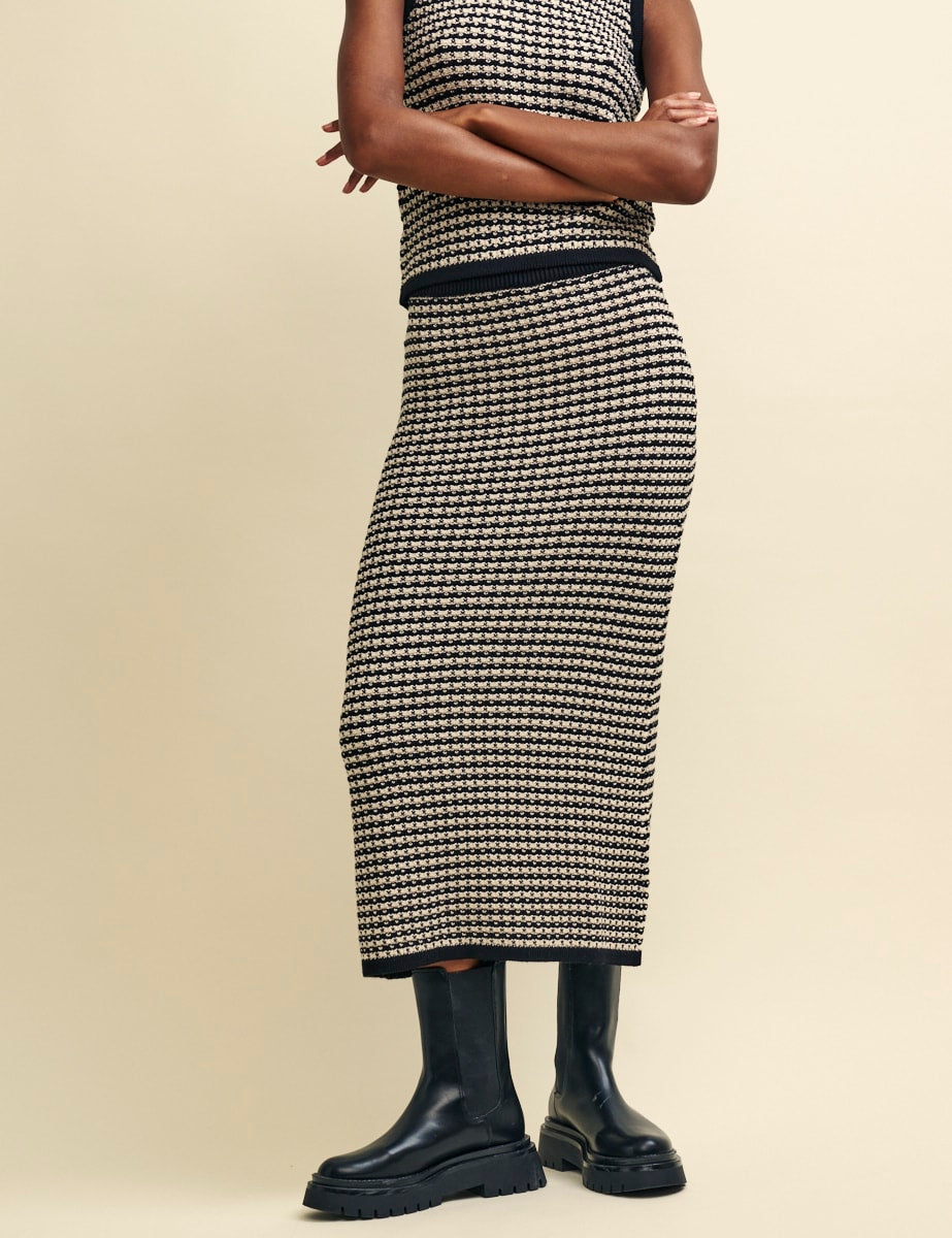 Black Stripe Mock-Crochet Midi Skirt