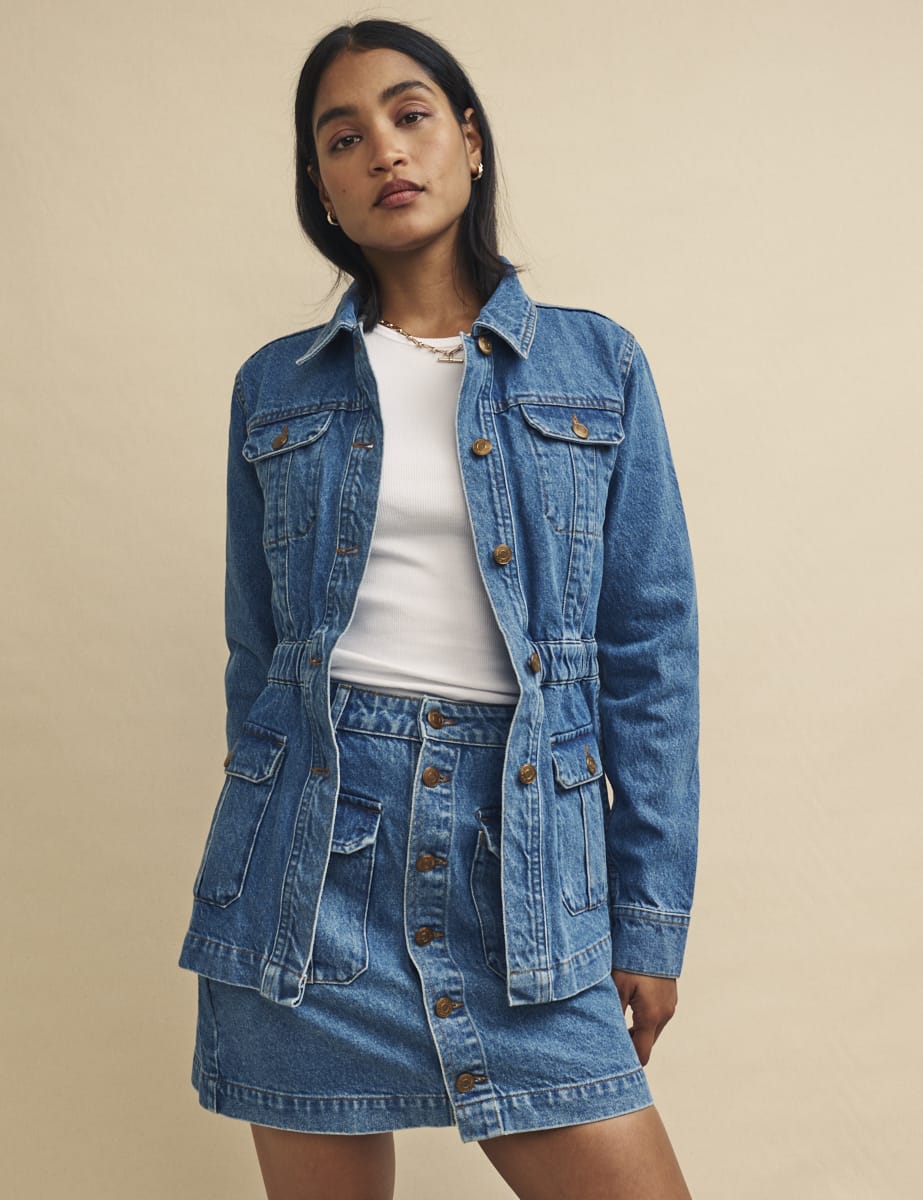 Blue Mid Wash Denim Button-Up Mini Skirt