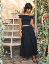 Black Shirred Dropped Waist Midi Skirt