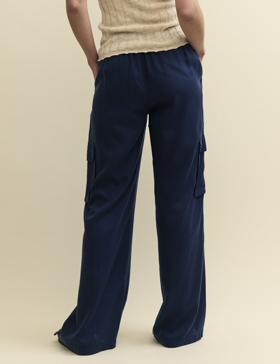 Navy Linen-blend Wide Leg Utility Trousers