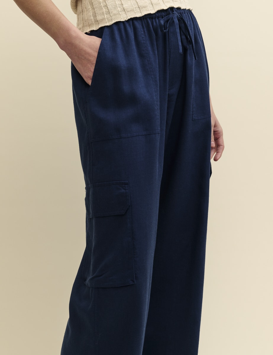 Navy Linen-blend Wide Leg Utility Trousers