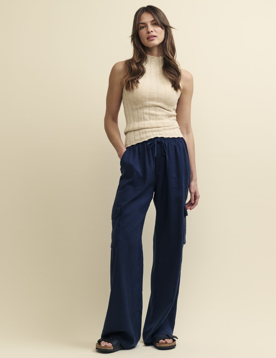 Navy Linen-blend Wide Leg Utility Trousers