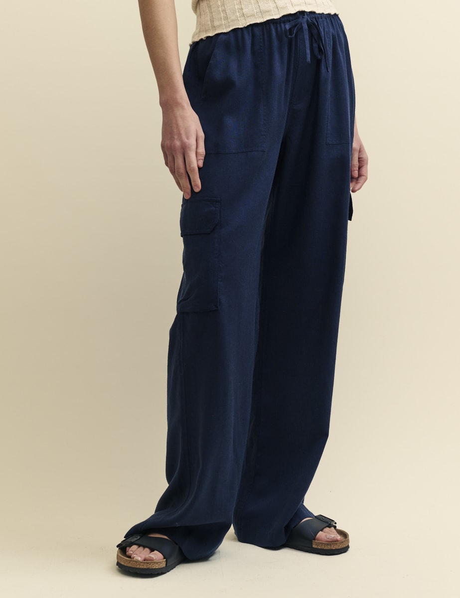 Navy Linen-blend Wide Leg Utility Trousers