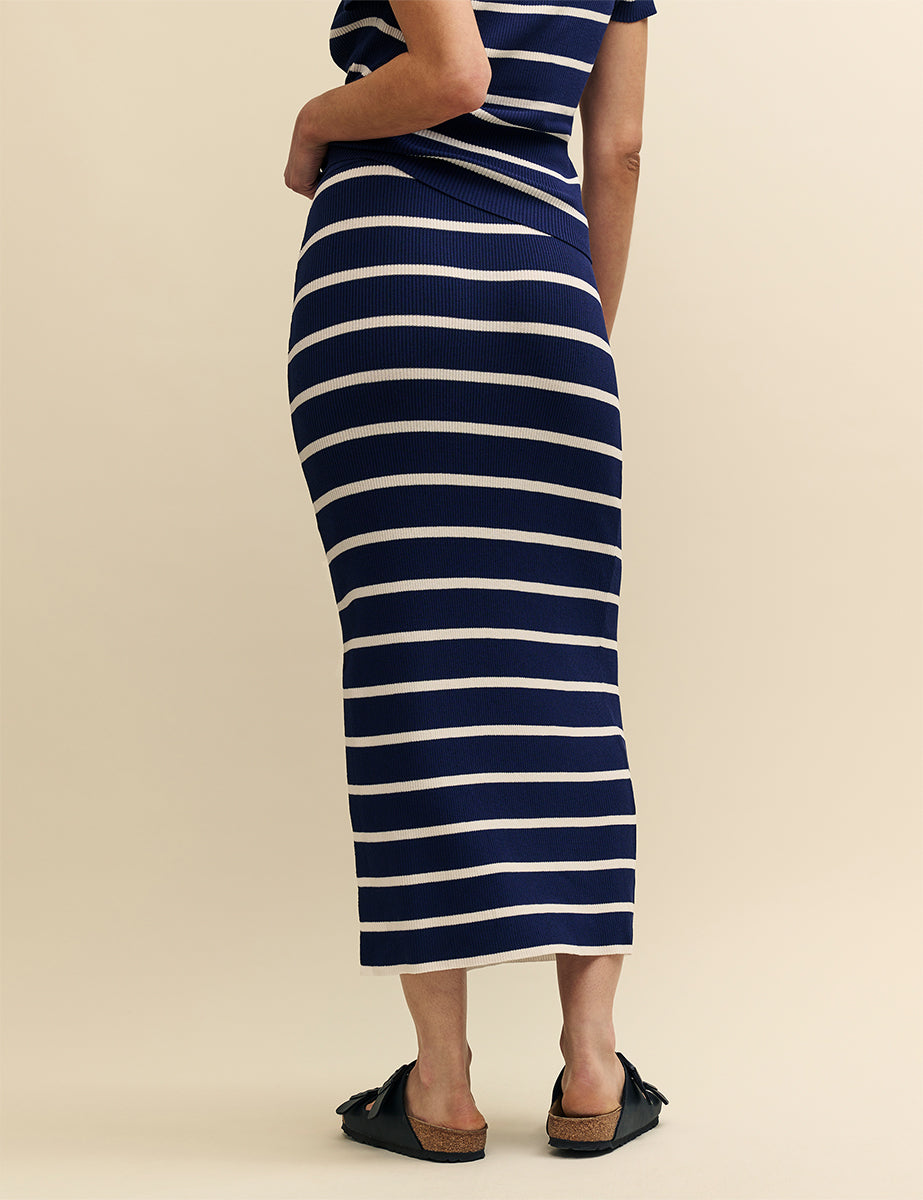 Navy Striped Slit Leg Midi Skirt