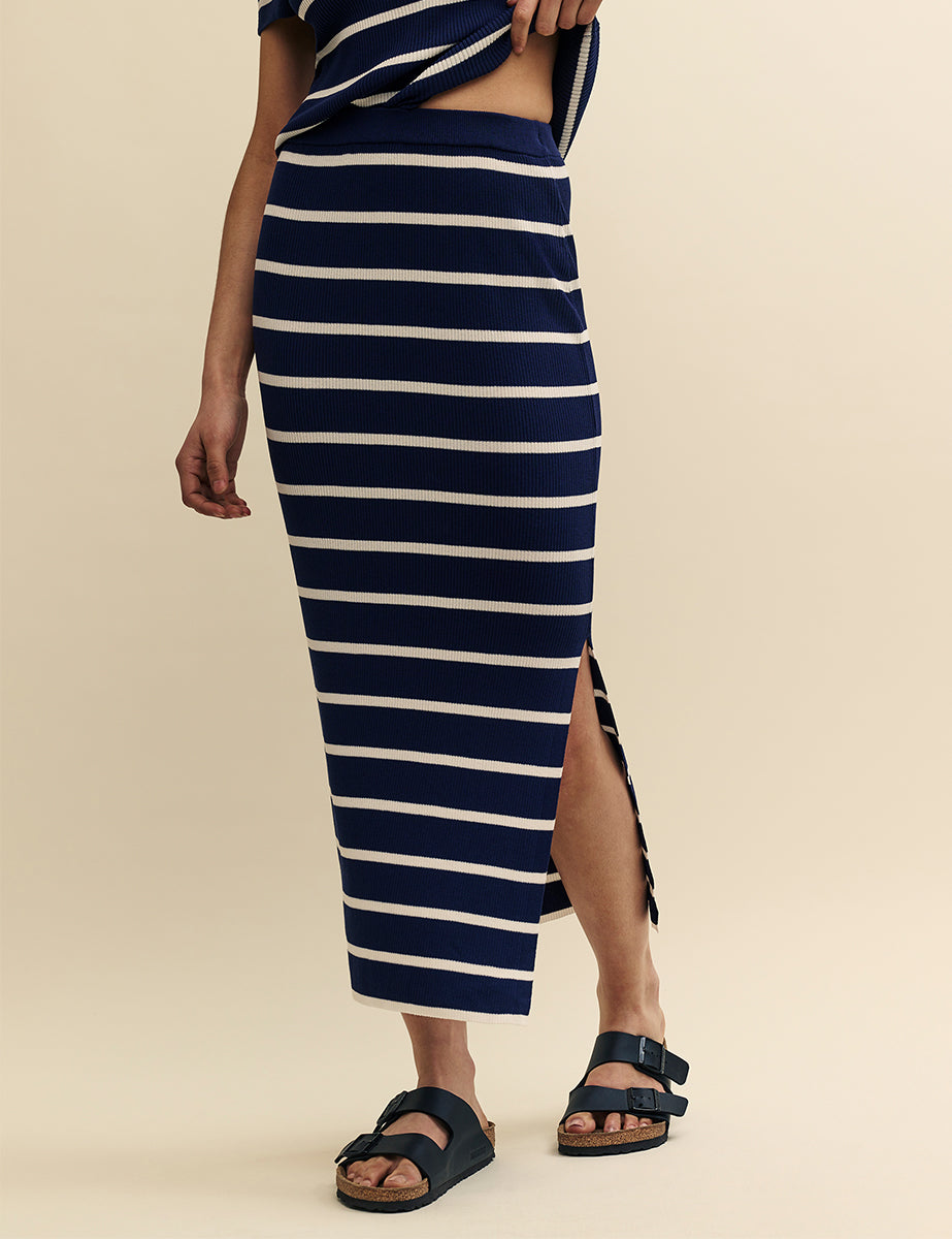 Navy Striped Slit Leg Midi Skirt