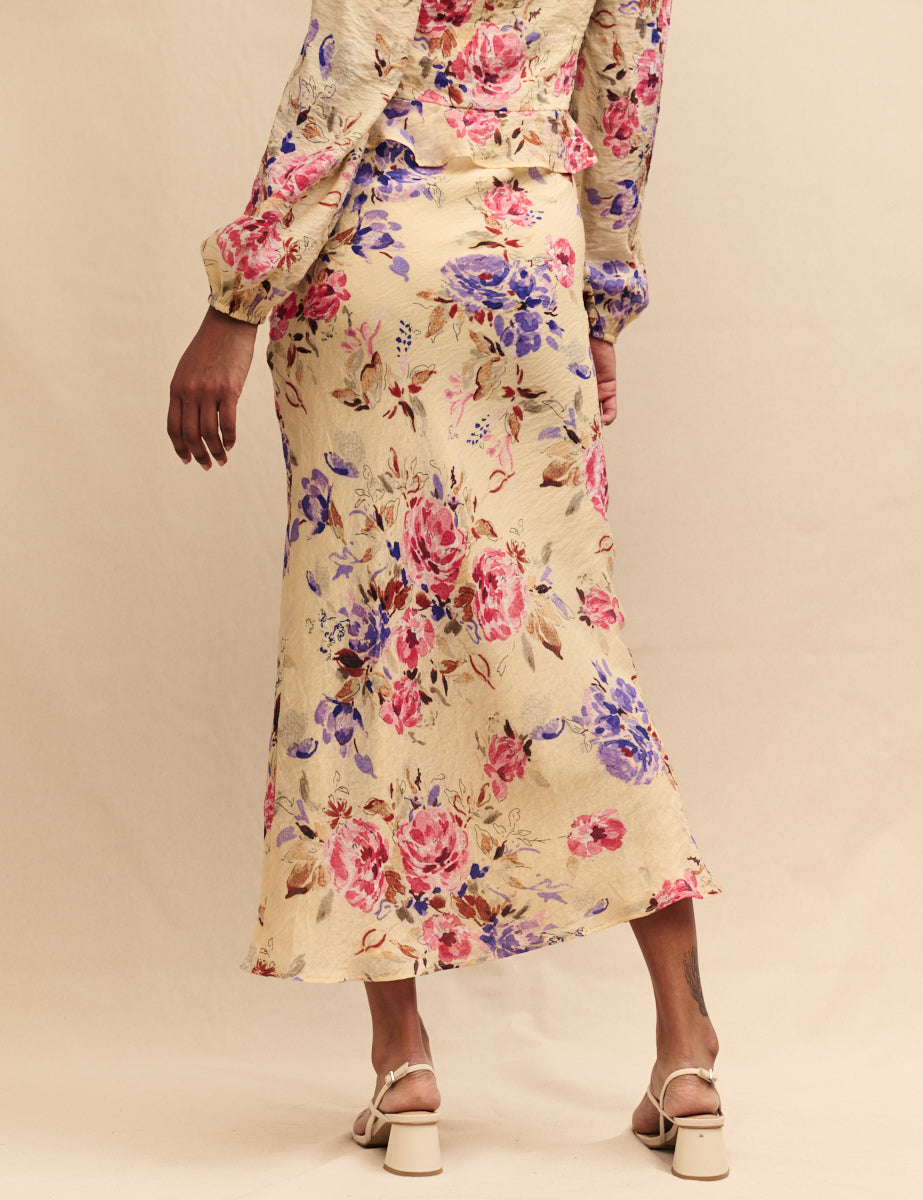 Cream Floral Lotus Midi Skirt