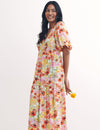 Multi Big Floral Valentine Bubble Sleeve Wrap Dress