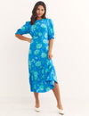 Blue and Green Ditsy Floral Short Sleeve Selena Midi Dress