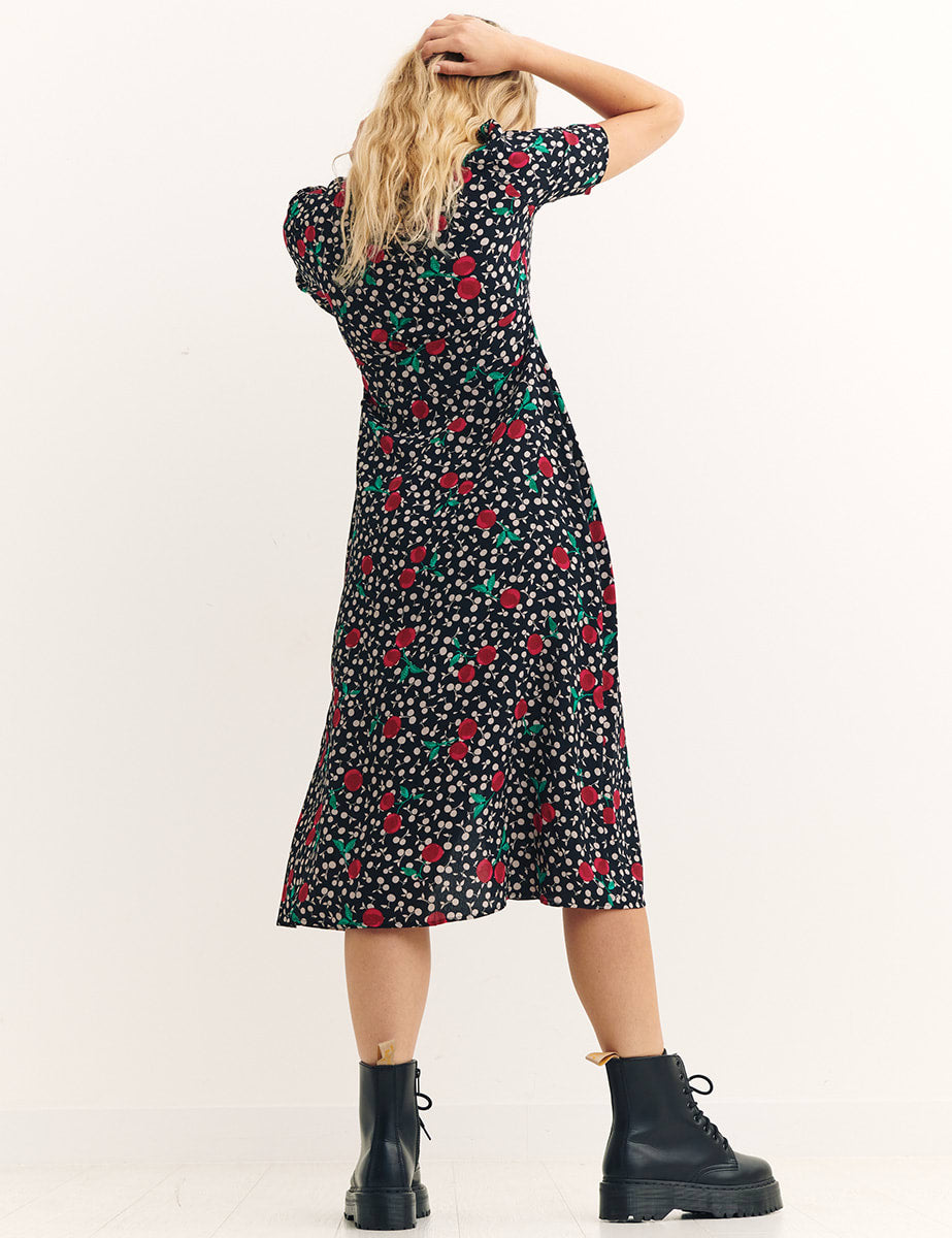 Black Nadia Cherry Daisy Midi Dress