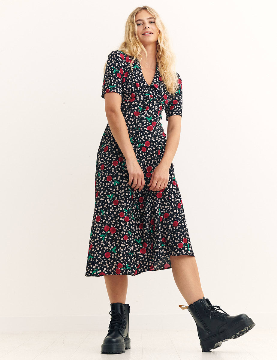 Black Nadia Cherry Daisy Midi Dress