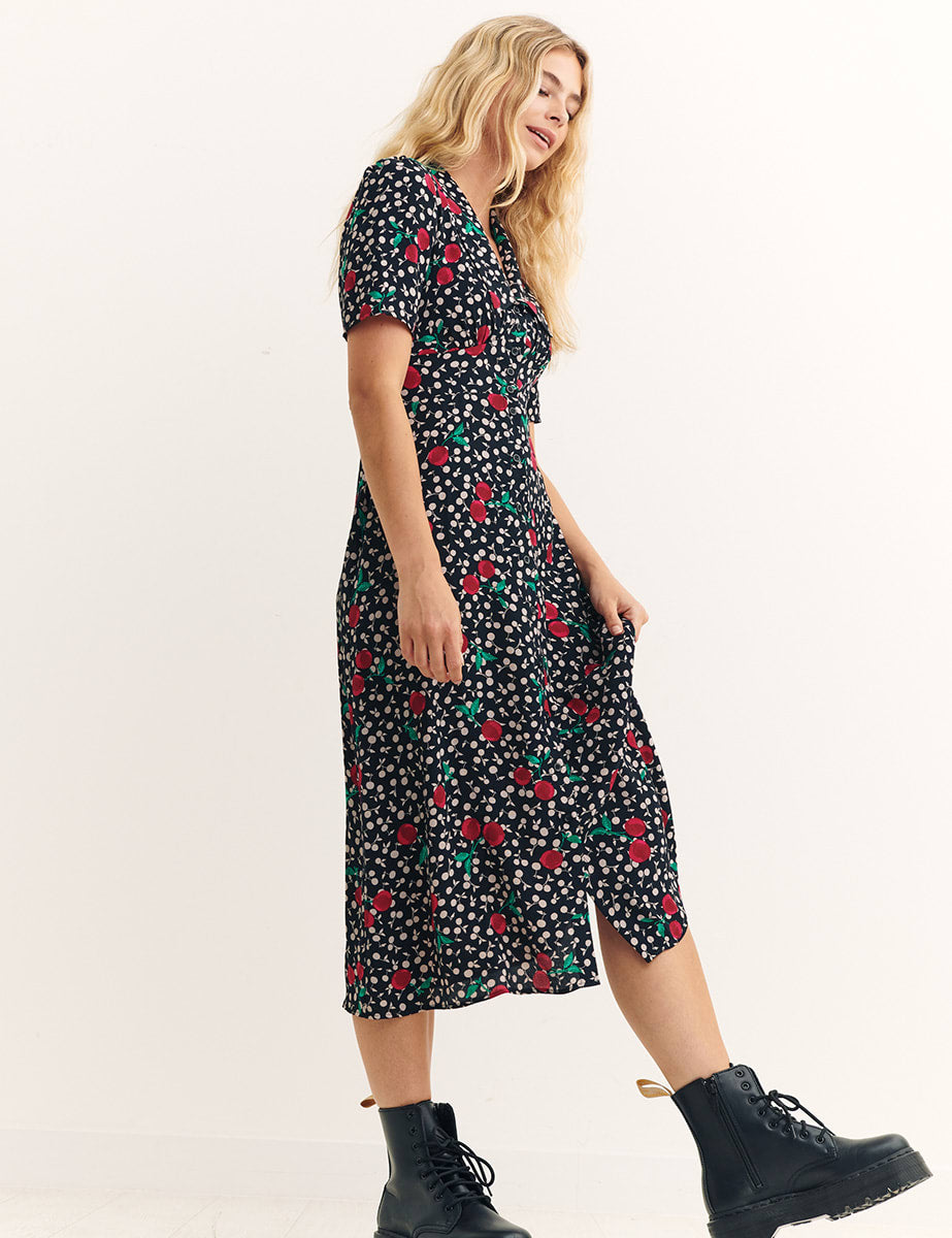 Black Nadia Cherry Daisy Midi Dress