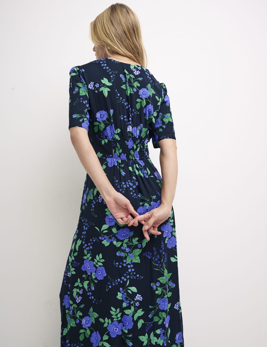 Black Floral Alexa Shirring Midi Dress