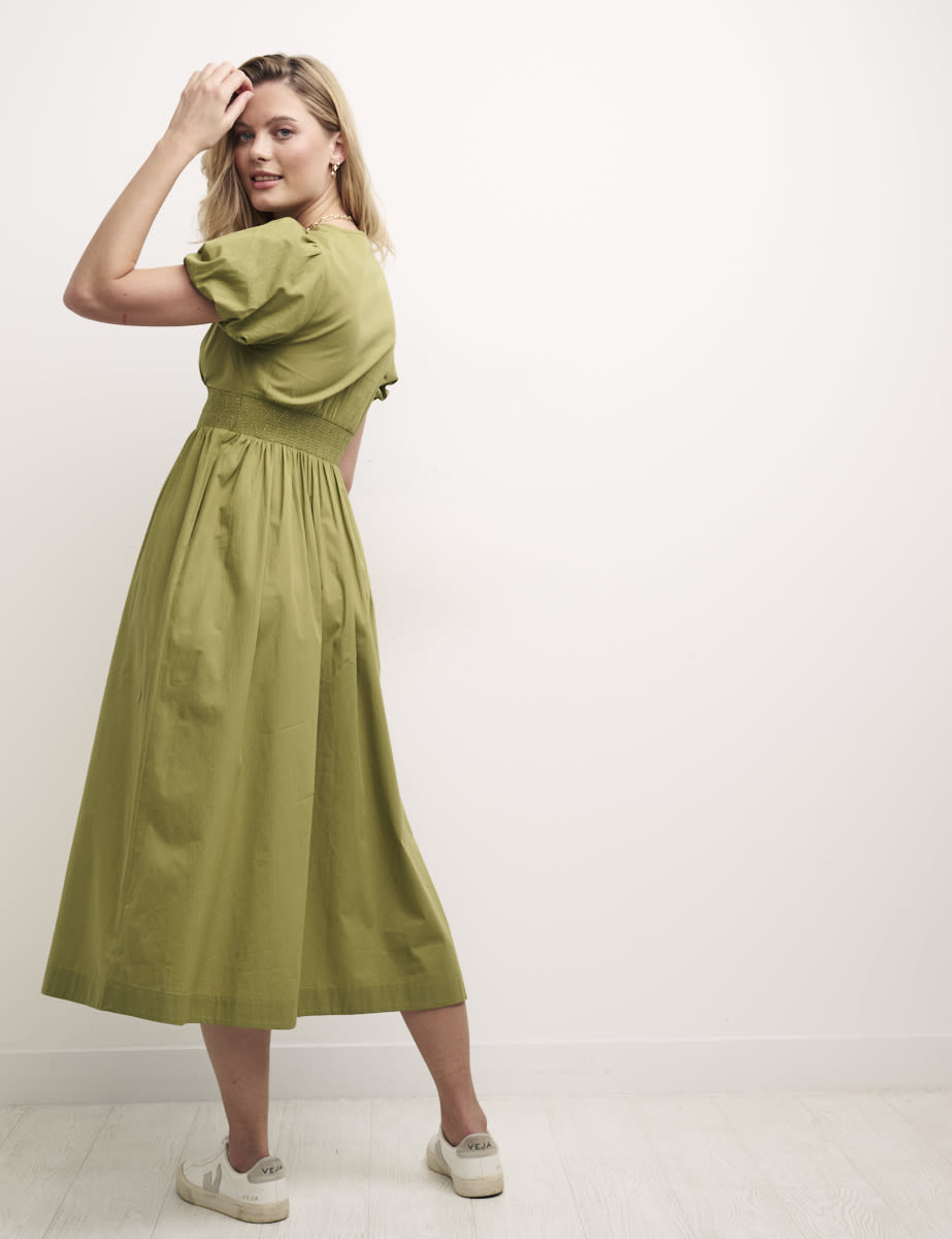 Green Sansa Puff Sleeve Midi Dress