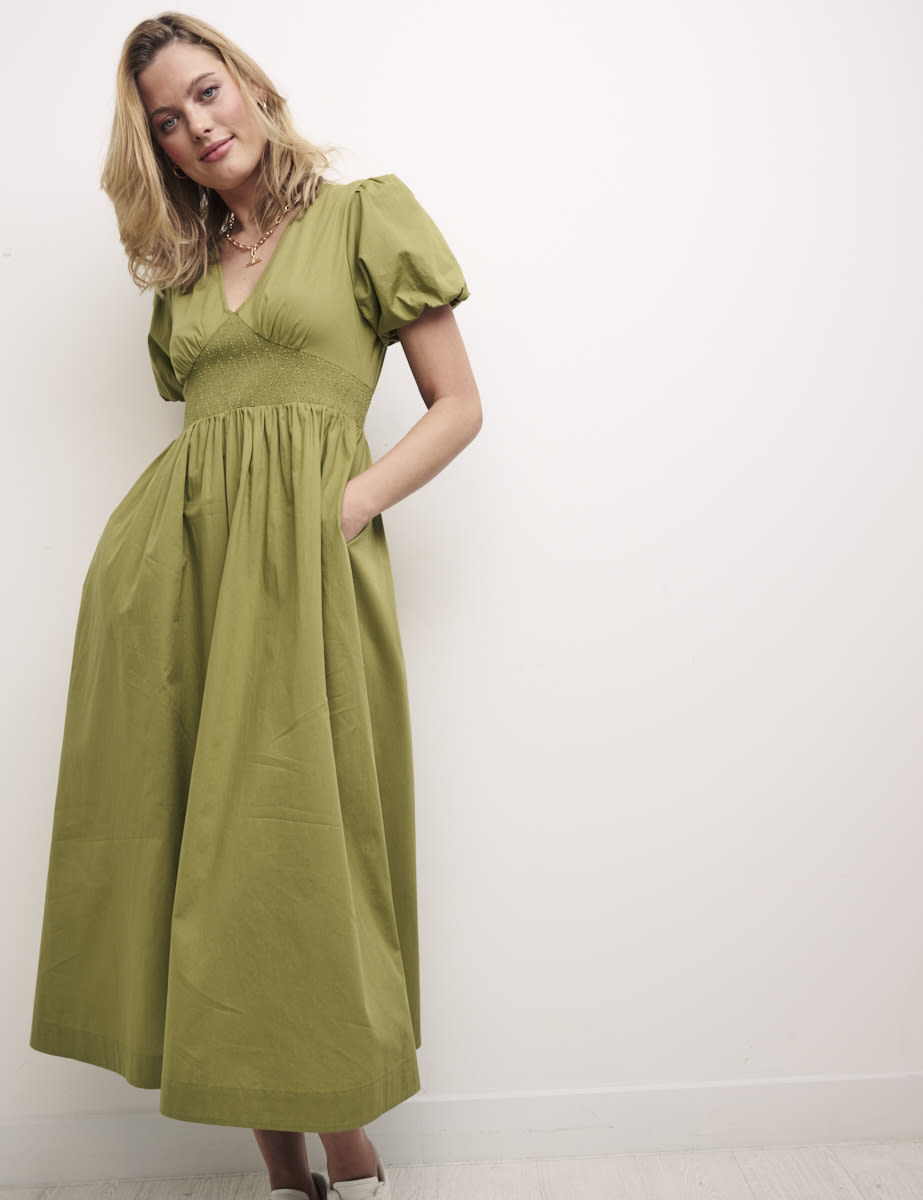 Green Sansa Puff Sleeve Midi Dress