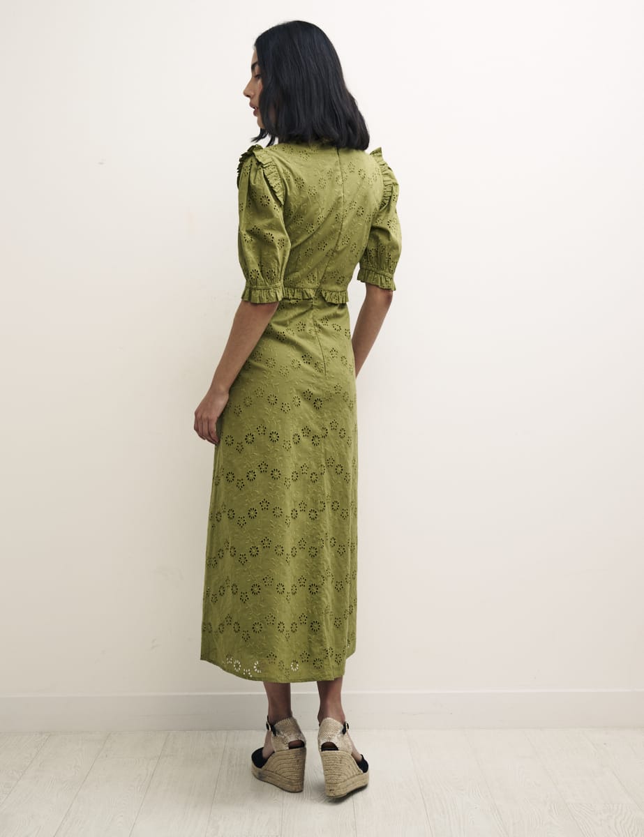 Olive Green Felicia Broderie Midi Dress