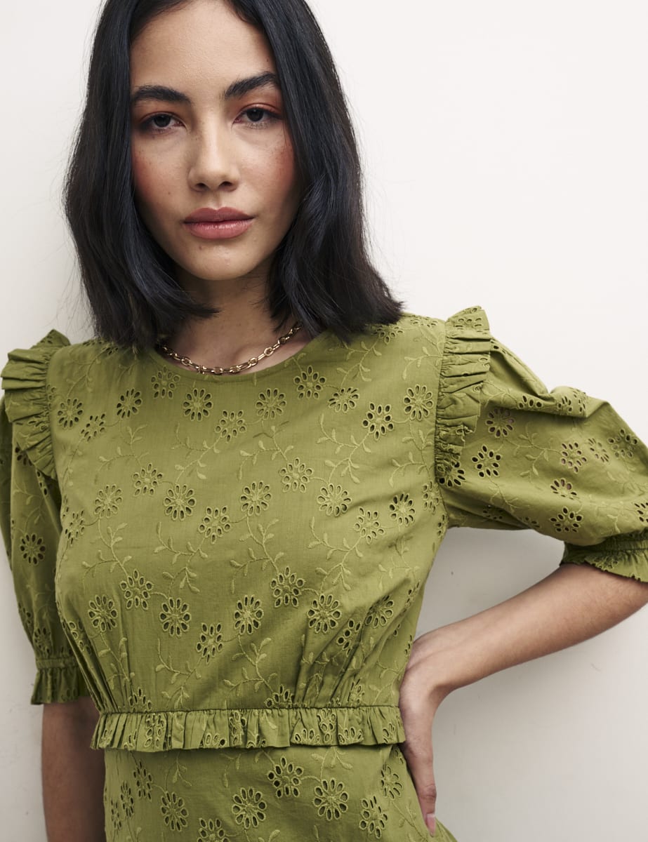 Olive Green Felicia Broderie Midi Dress