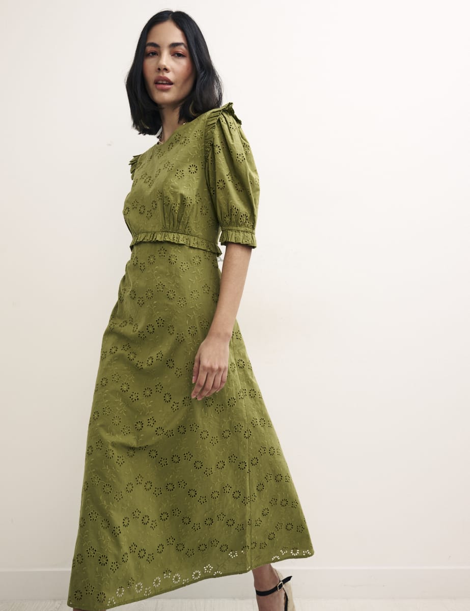 Olive Green Felicia Broderie Midi Dress