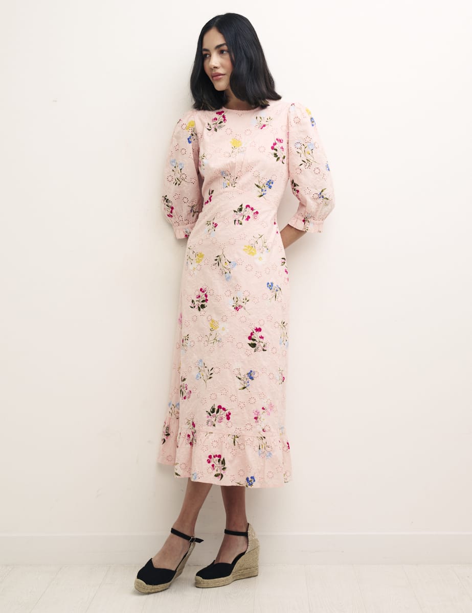 Pink Floral Selena Broderie Midi Dress