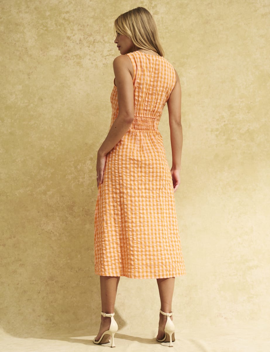 Orange Gingham Check Sandra Midi Dress