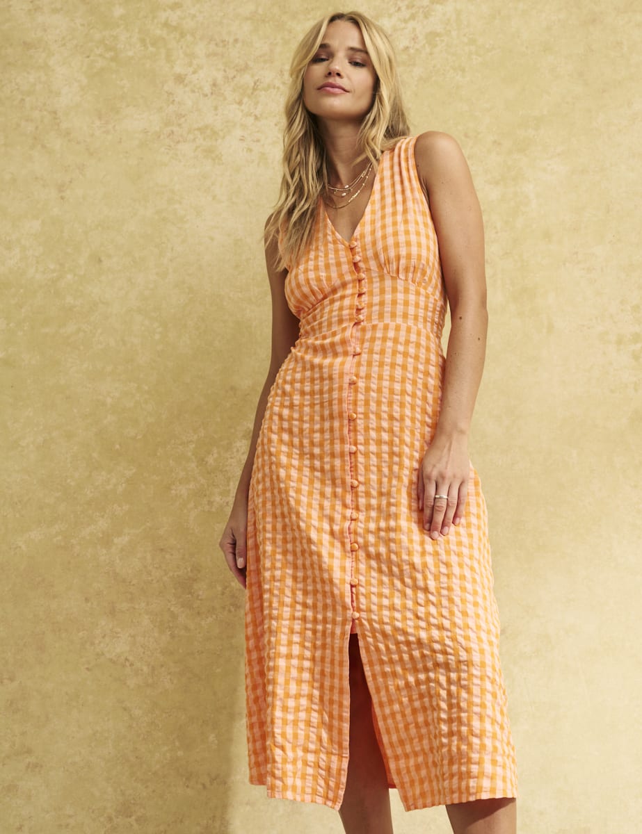 Orange Gingham Check Sandra Midi Dress