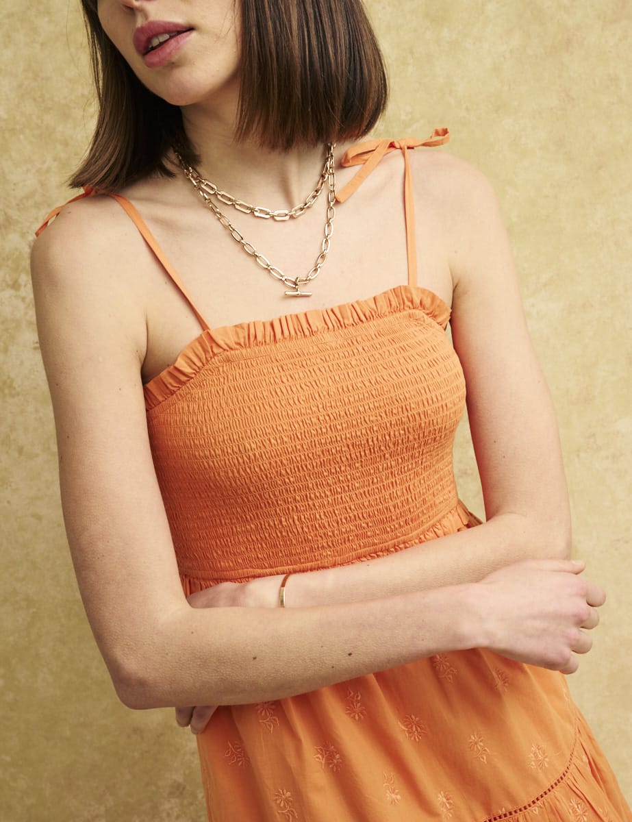 Orange Shirred Maisi Midi Dress