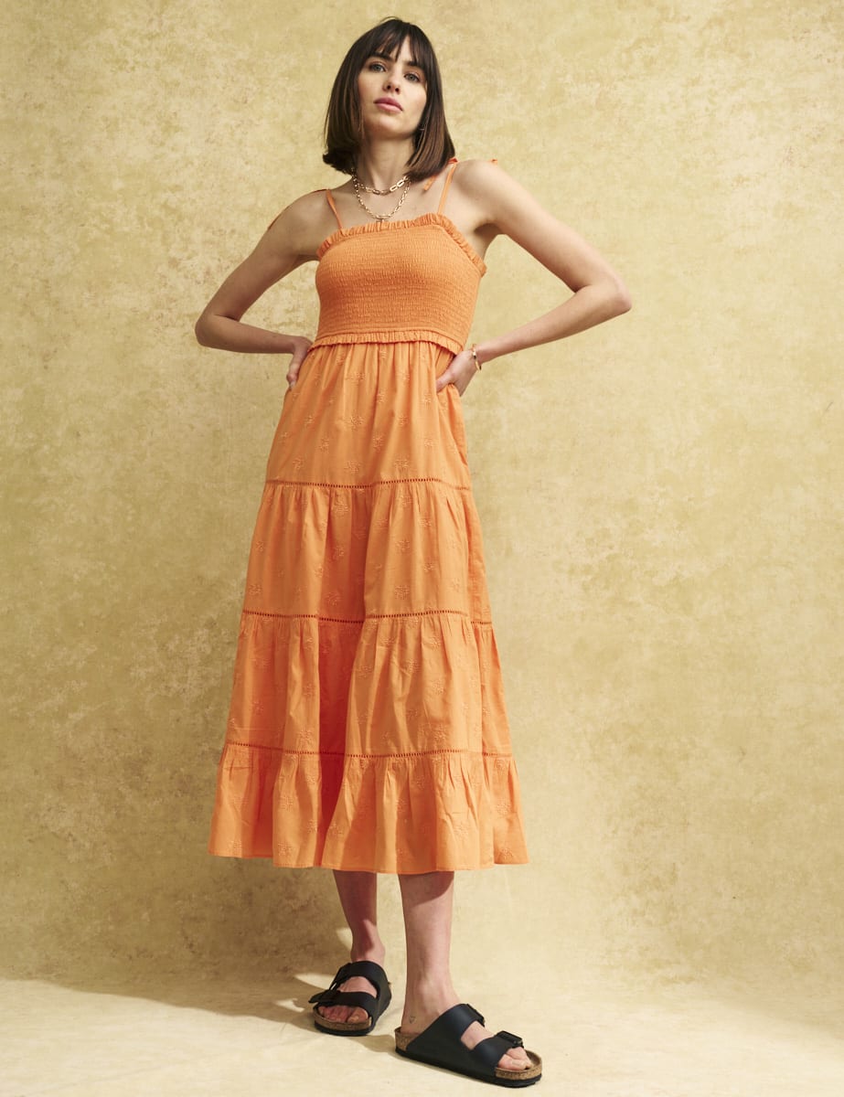 Petite Orange Shirred Maisi Midi Dress