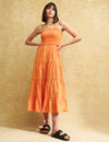 Orange Shirred Maisi Midi Dress