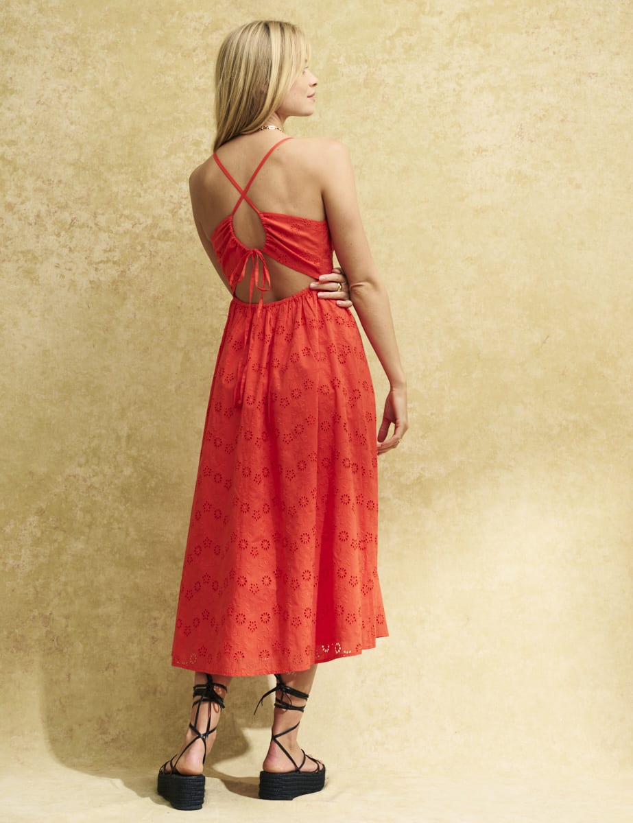 Red Broderie Anglaise Sleeveless Tie Back Billie Midi Dress