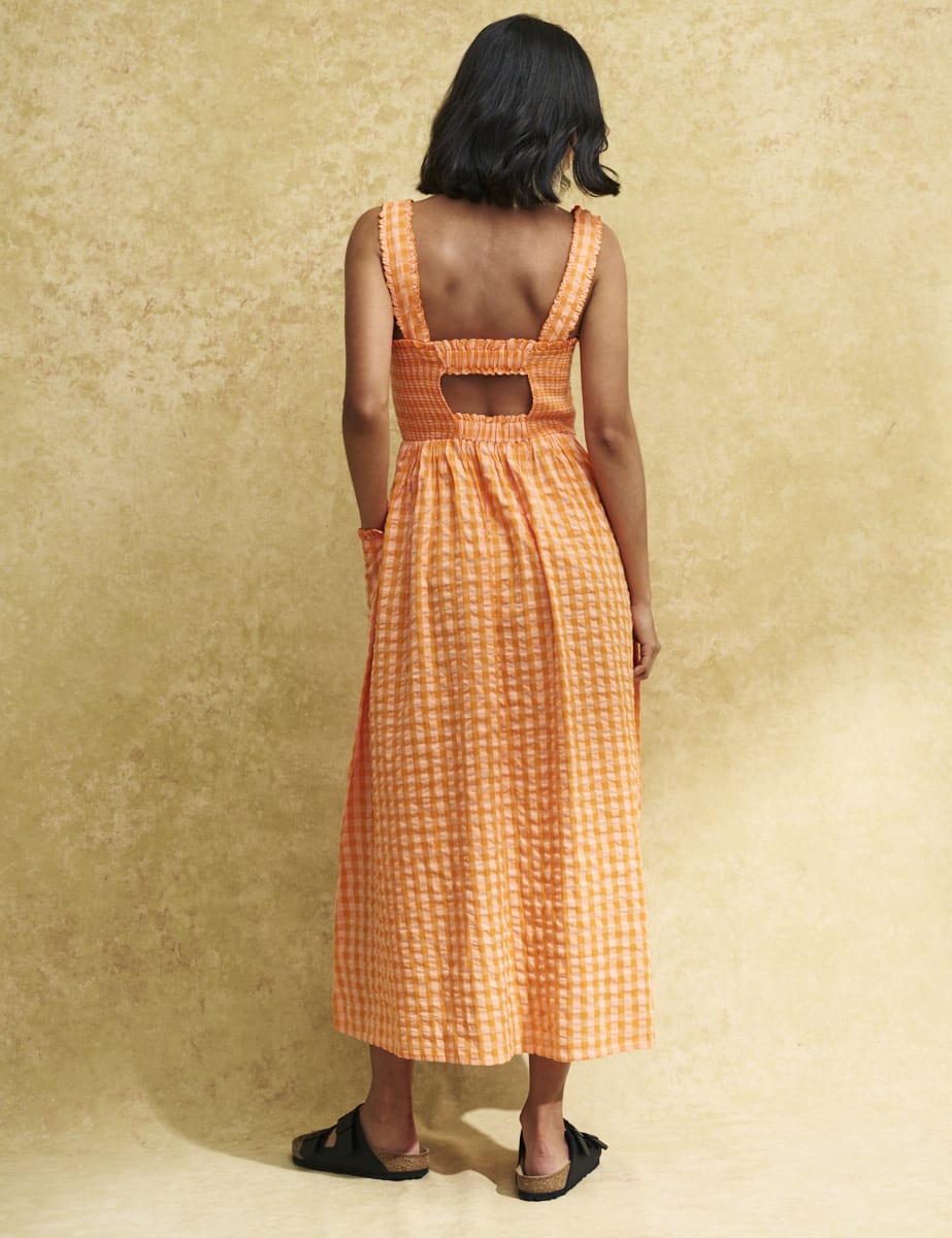 Orange Gingham Check Shirred Dionne Midi Dress