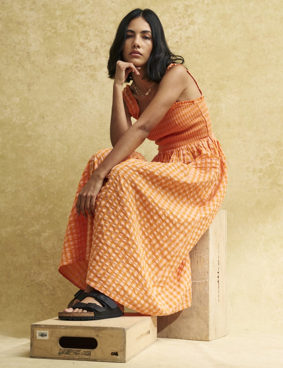 Orange Gingham Check Shirred Dionne Midi Dress