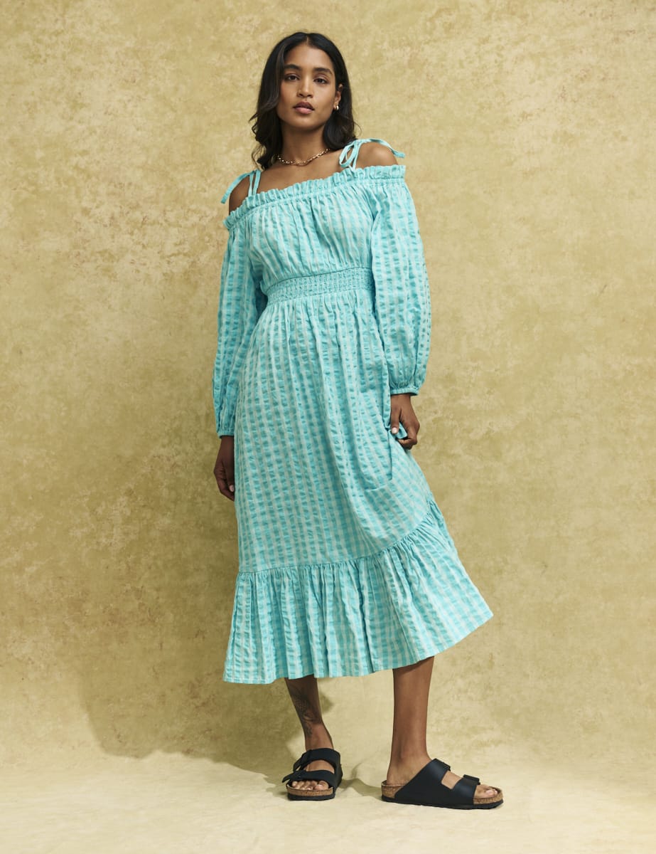 Blue Gingham Check Bardot Freya Midi Dress