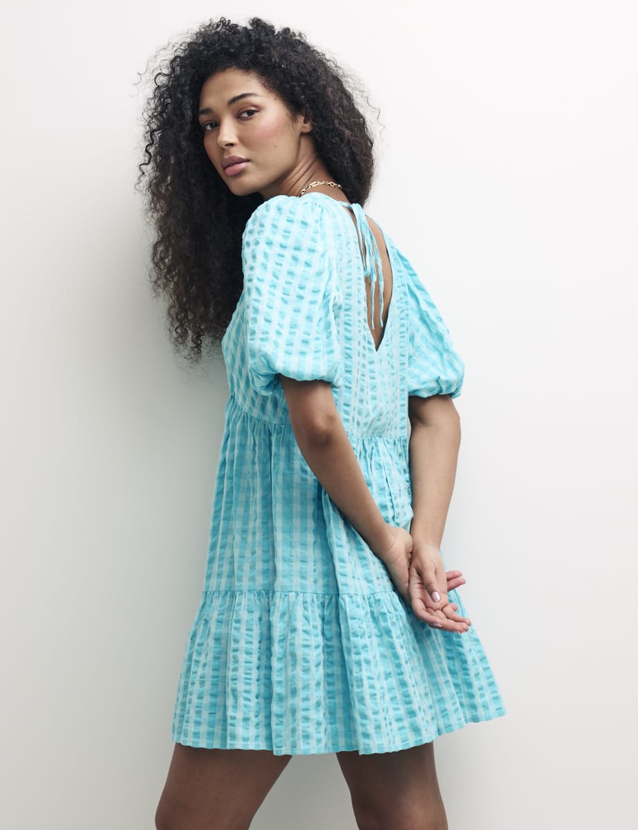 Blue Check Vienna Mini Smock Dress