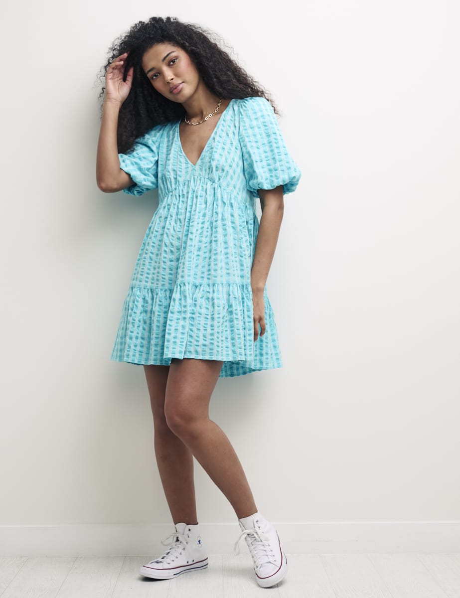 Blue Check Vienna Mini Smock Dress