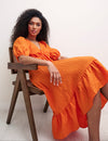 Orange V-Neck Puff Sleeve Amy Midi Dress