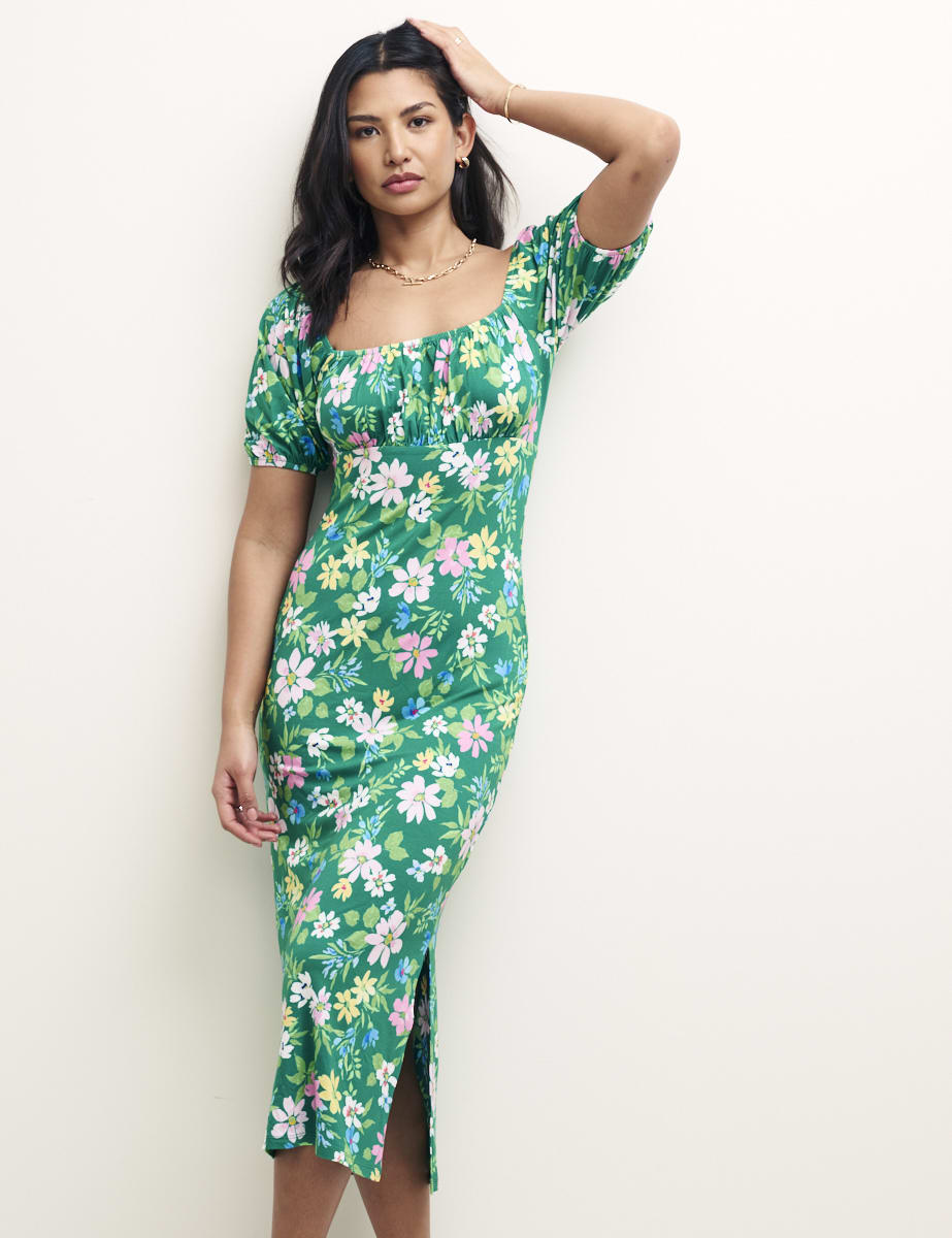 Green Floral Ruched Bodice Oregon Midi Dress