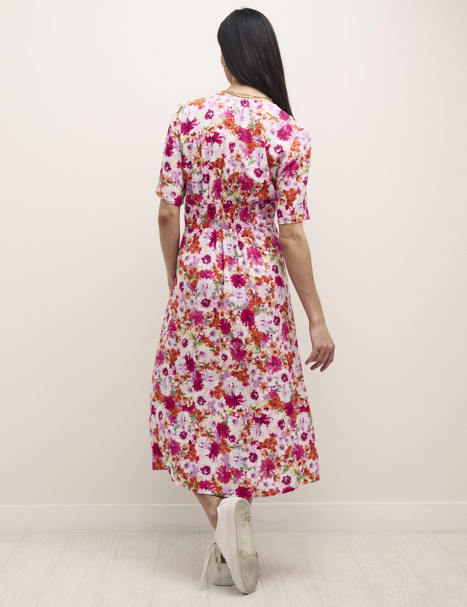 Pink Big Floral Alexa Midi with Shirring Tea Dress