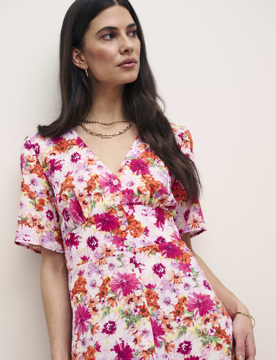 Pink Big Floral Alexa Midi with Shirring Tea Dress