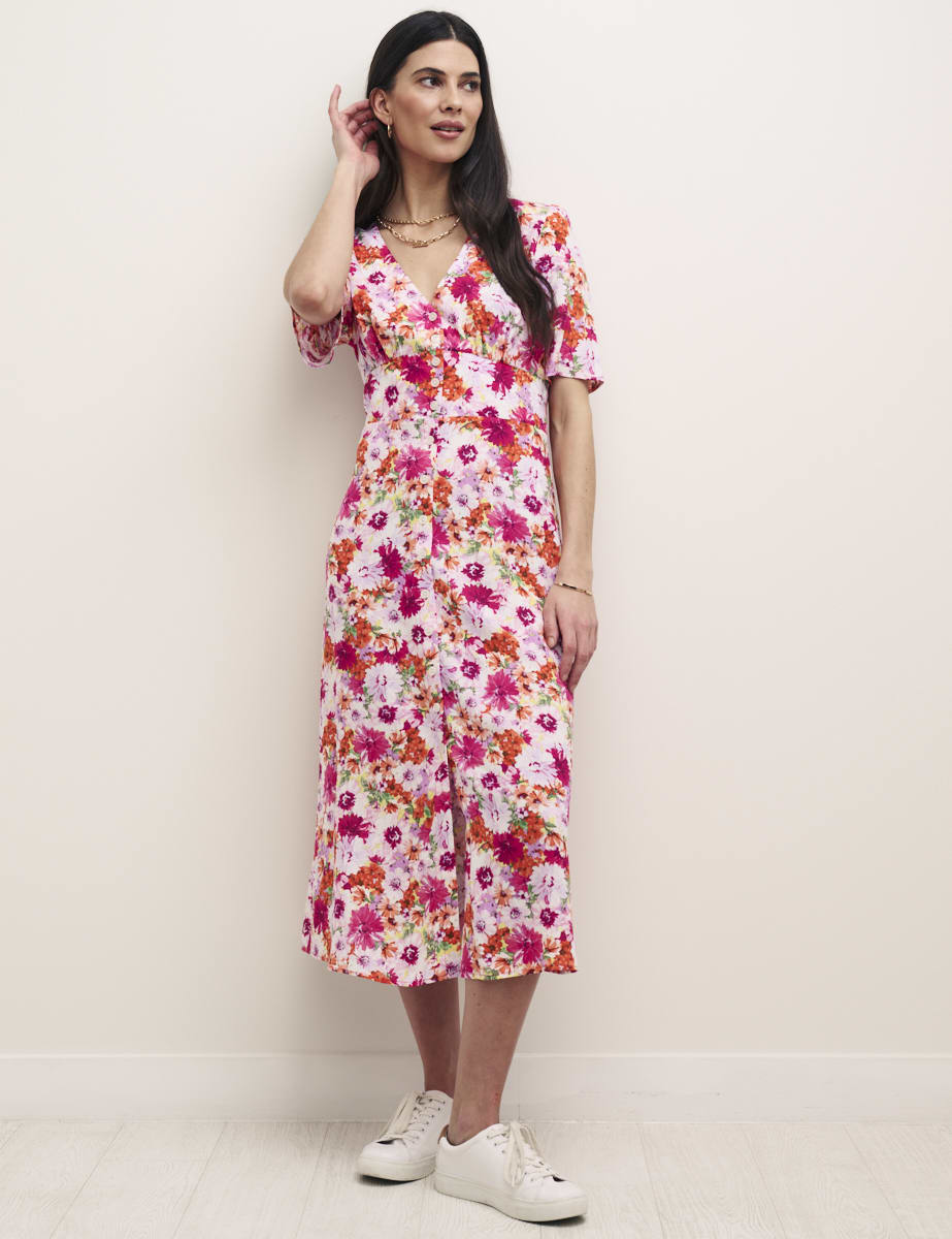 Pink Big Floral Alexa Midi with Shirring Tea Dress