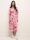 Pink Big Floral Alexa Midi with Shirring Tea Dress