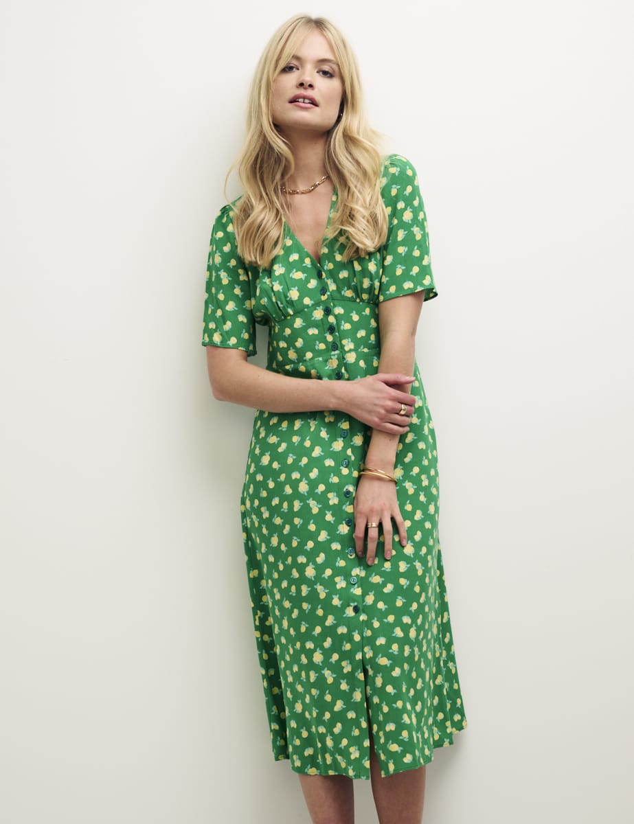 Green Sicilian Lemon Alexa Midi with Shirring Tea Dress